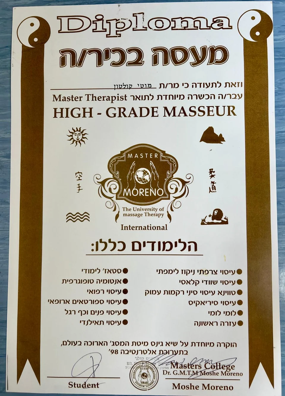 תעודת Master Therapist של מוטי קולטון